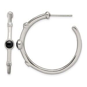 Stainless Steel Polished Black Onyx & CZ Post Hoop Earrings